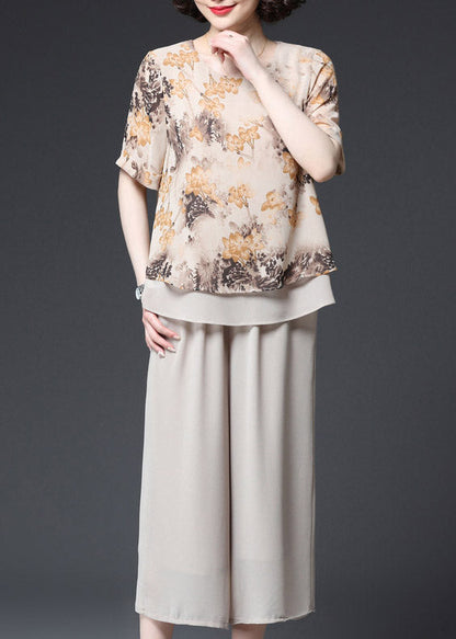 Apricot O-neck Print Layered Design Chiffon Tanks and Wide Leg Pants Two Pieces Set Summer