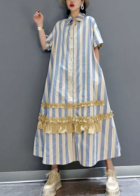 Italian Yellow Ruffled Peter Pan Collar Button Striped Shirt Dresses Short Sleeve