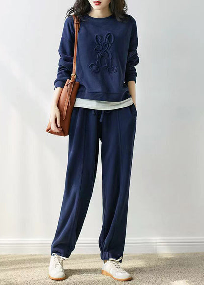 Simple Blue O-neck Patchwork Tops and Pants Cotton Two Pieces Set Fall