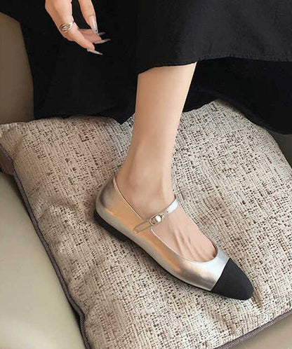 French Silver Square Toe Buckle Strap Splicing Flat Shoes