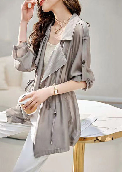 Grey Peter Pan Collar Drawstring Cotton Thin Coats Fall