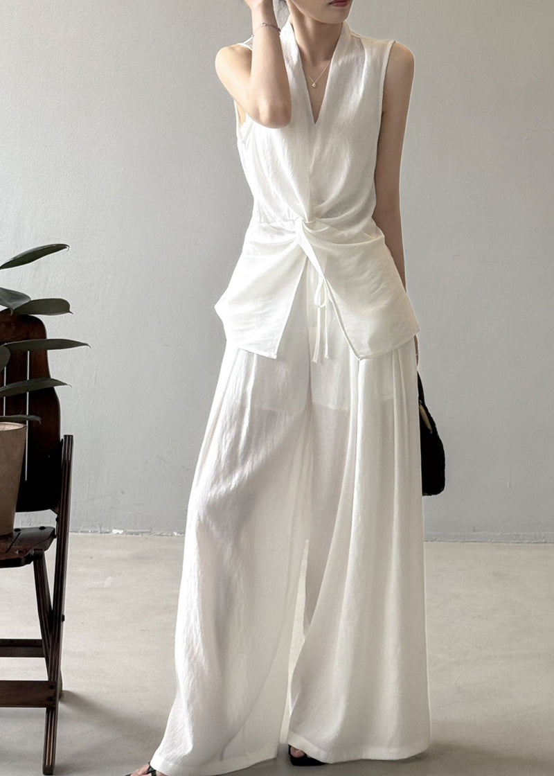 White Asymmetrical Silm Fit Linen Two Pieces Set Sleeveless