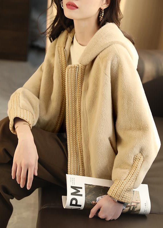 Apricot Hooded Patchwork Faux Fur Coats Winter
