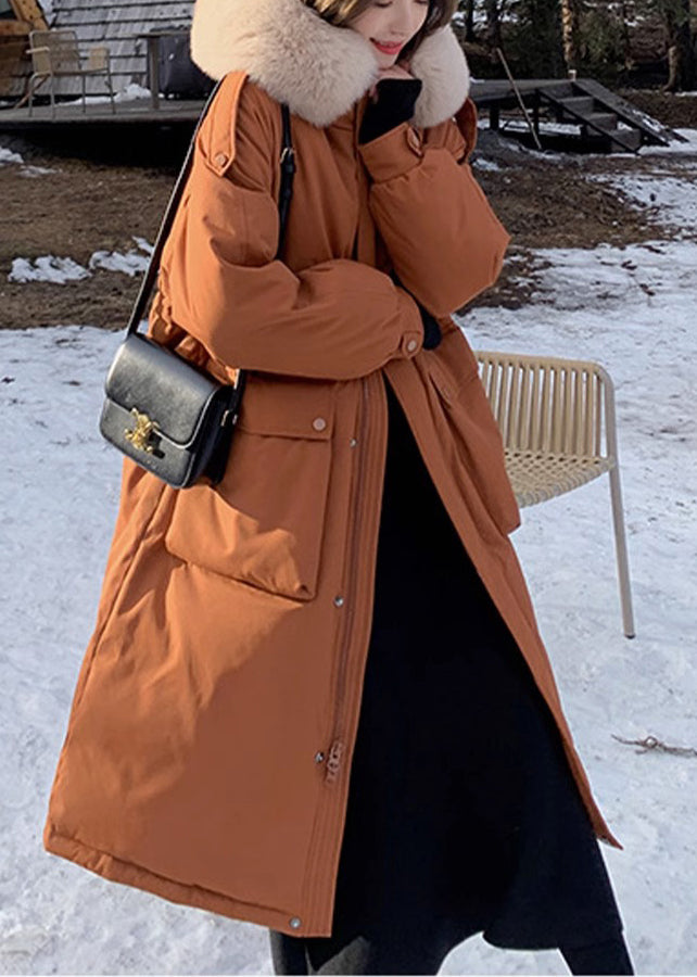 Caramel Hooded Pockets Fur Collar Duck Down Coats Winter