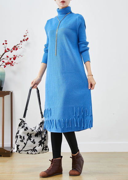 Blue Turtle Neck Tasseled Knitted Dress Fall