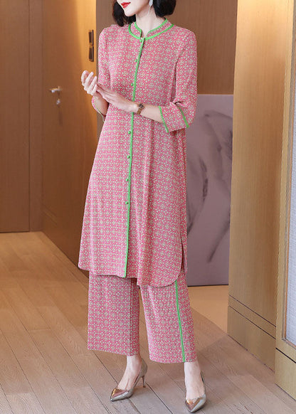 Pink Stand Collar Print Silk Long Shirts and Wide Leg Pants Two-piece Set
