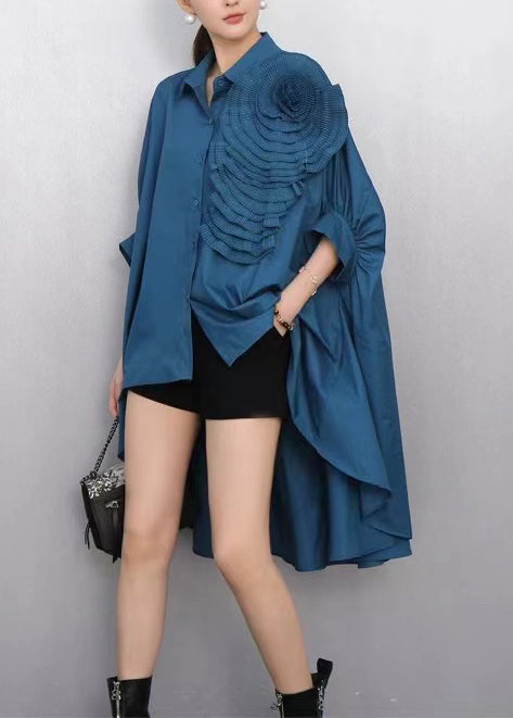Navy Oversized Stereoscopic Flower Low High Design Long Shirts