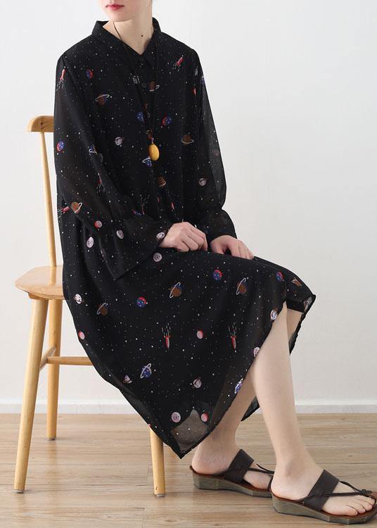 Spring Summer Black Chiffon Flared Sleeve Dress