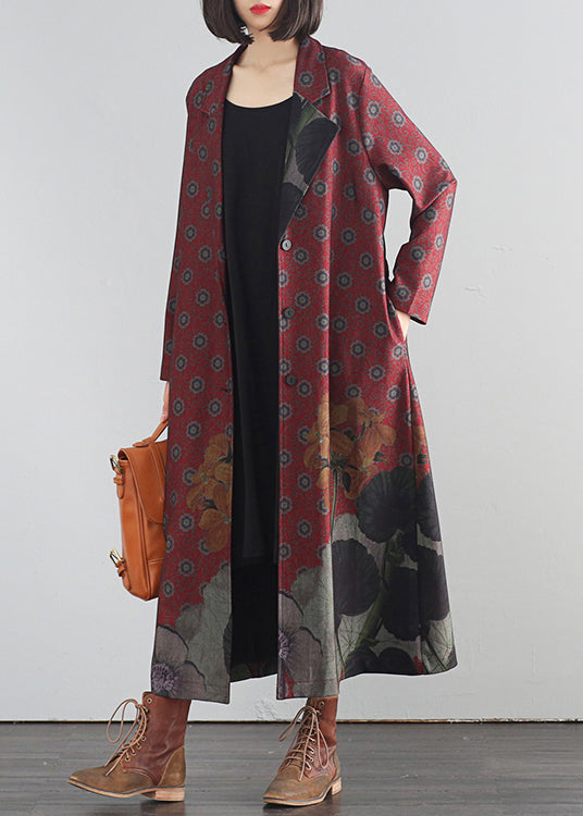 Red V Neck Print Button Maxi Trench Coats Fall