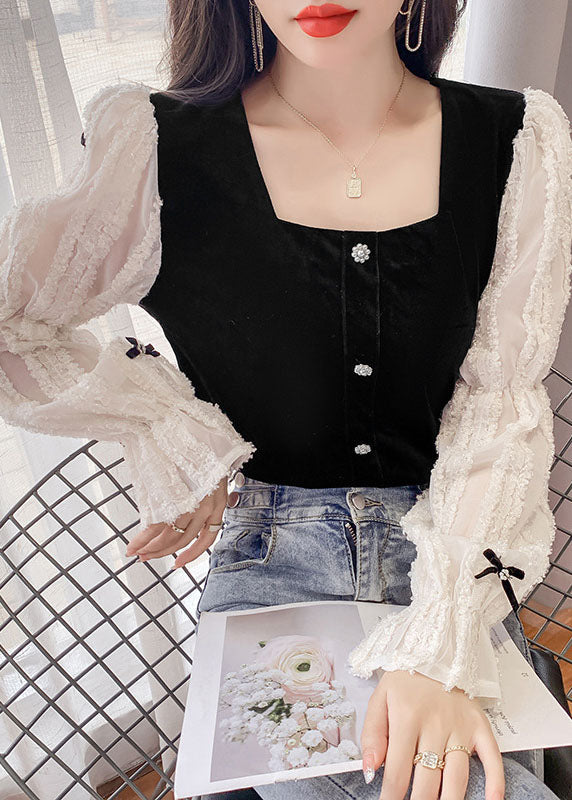 Black White Square Collar Bow Lace Patchwork Tops Spring