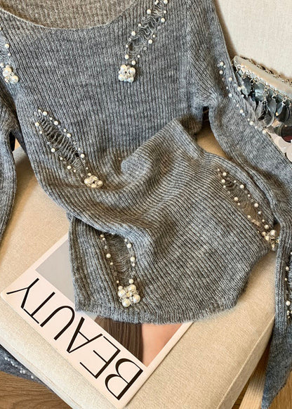 Modern Grey Nail Bead Hollow Out Knit Tops Spring