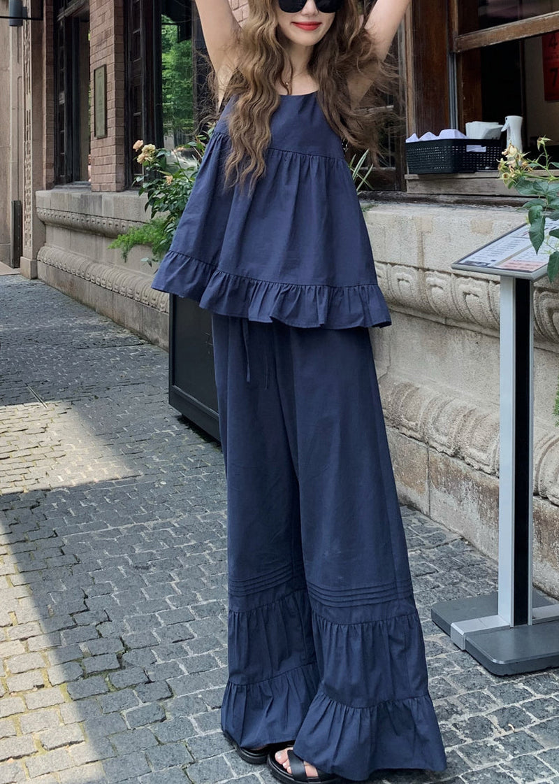 French Navy Ruffled Tops and Flare Bottoms Cotton Two Piece Set Sleeveless