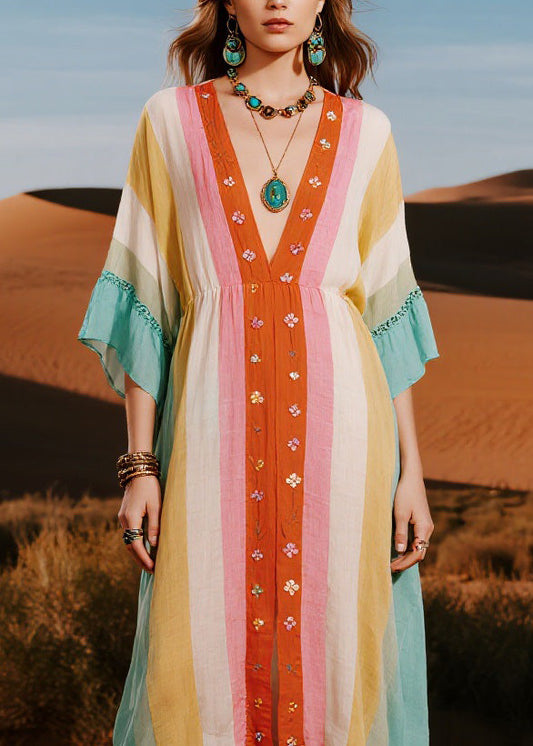 Original Design Colorblock V Neck Cotton Dresses Summer