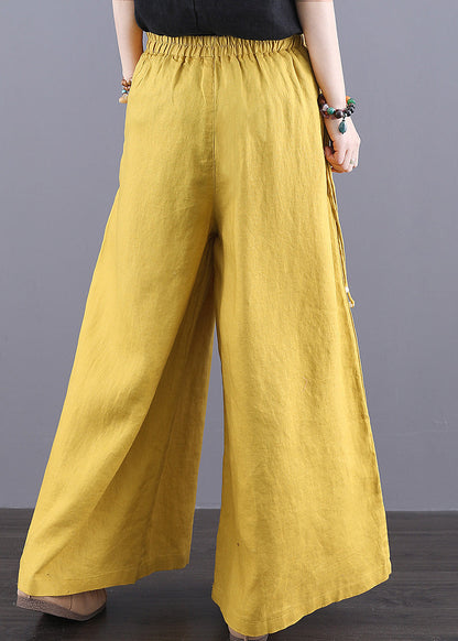 Yellow Elastic Waist Pockets Linen Pants Summer