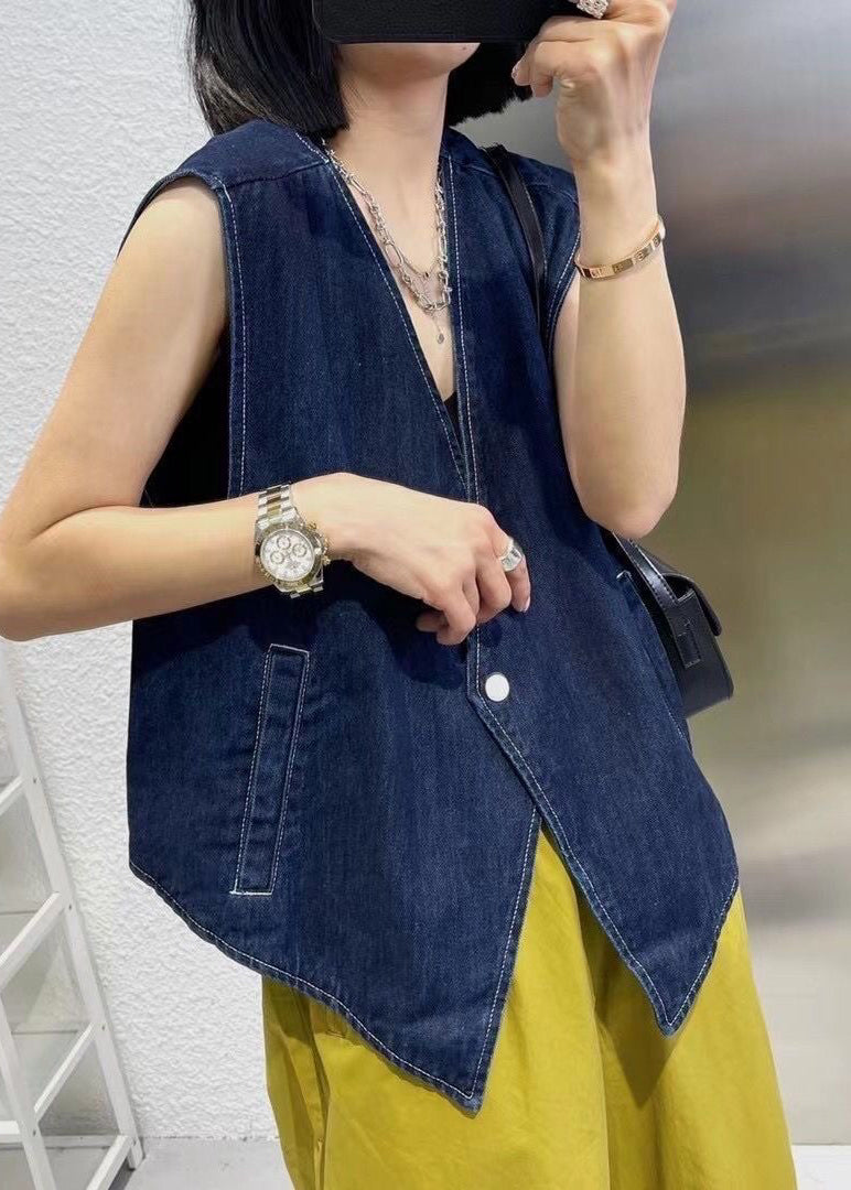Navy Patchwork Button Denim Waistcoat Sleeveless