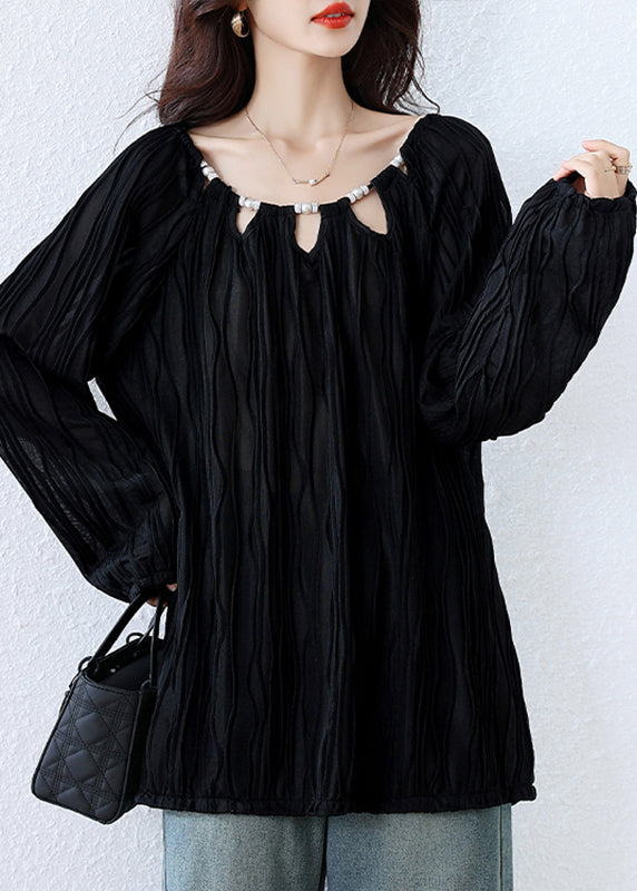 Fine Black O-neck Nail Bead Cotton Loose Shirts Fall
