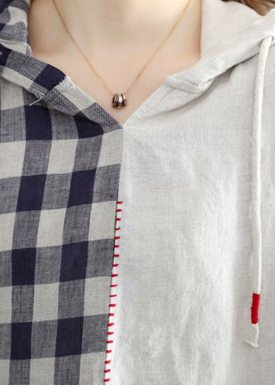 White Hooded Plaid Patchwork Fall Half Sleeve Shirt Top