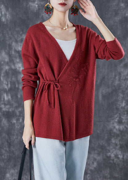 Italian Mulberry Embroideried Tie Waist Wool Knit Cardigan Winter
