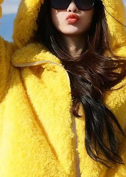 Yellow Hooded Rabbit Ears Zippered Fluffy Coats Winter