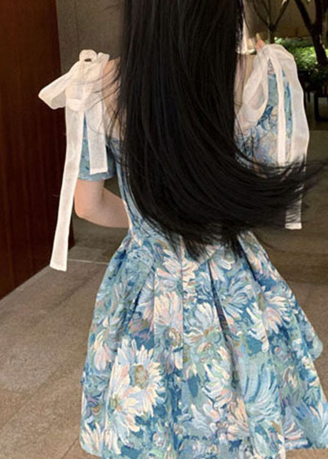 Slim Fit Blue Bow Cinched Print Short Dresses Short Sleeve