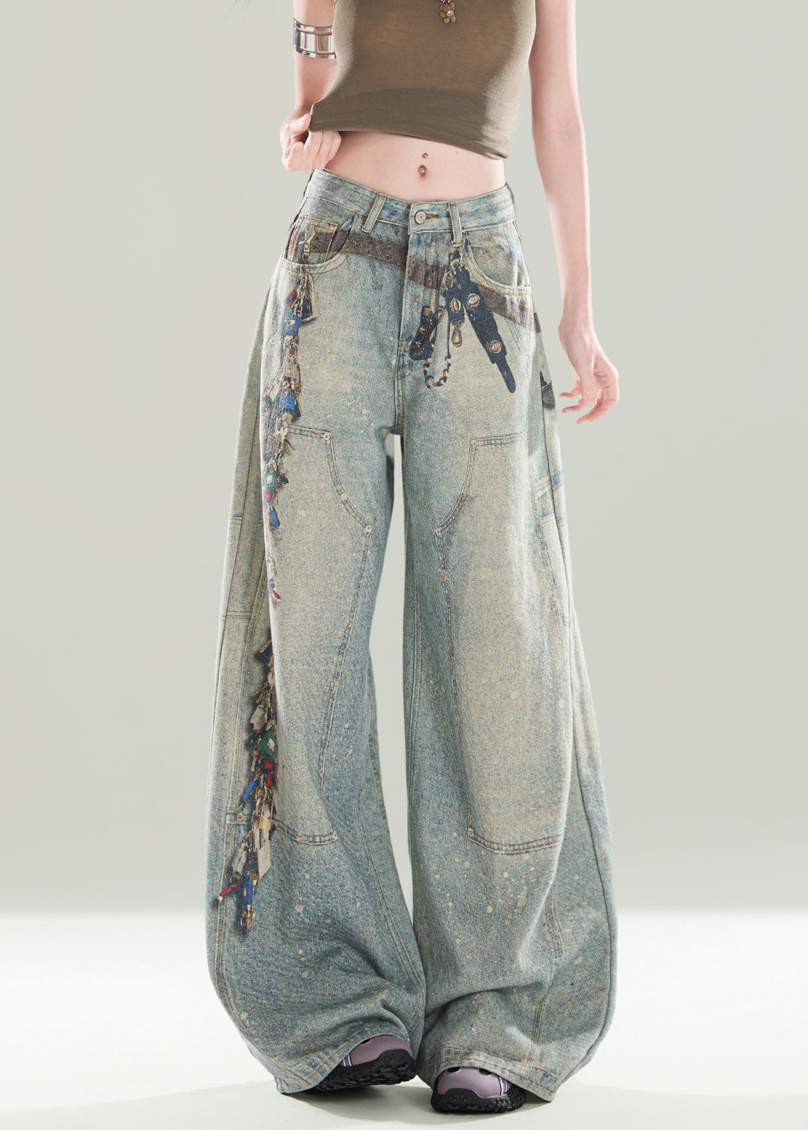 Stylish Blue Pockets Print Denim Wide Leg Pants Fall