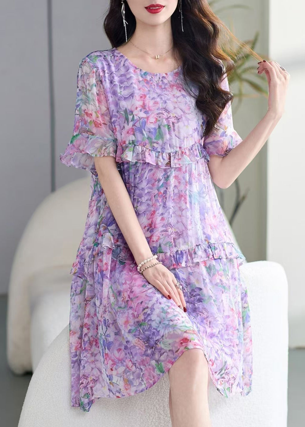 Italian Purple O-neck Ruffled Print Chiffon Dress Summer