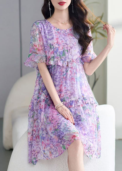 Italian Purple O-neck Ruffled Print Chiffon Dress Summer