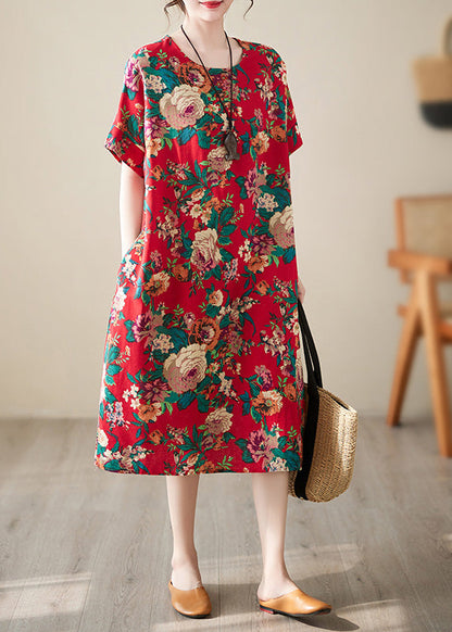 Handmade Navy Blue O-neck Print Cotton Long Dress Short Sleeve