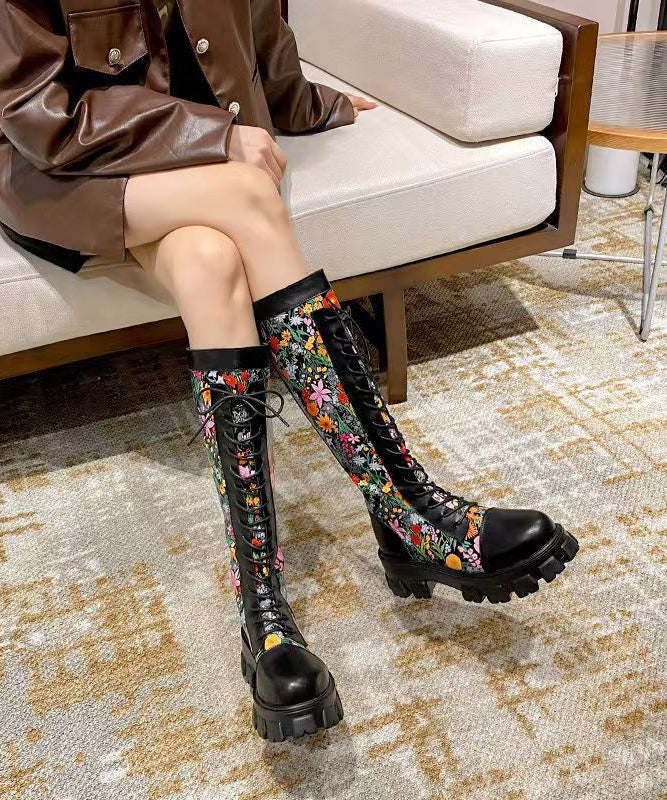 Black Embossed Splicing Platform Boots Lace Up
