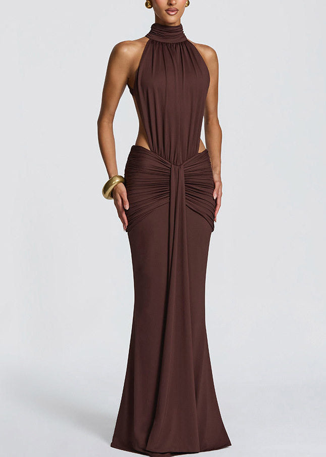 Coffee Tie Lace Backless Long Fish-tail Dress Sleeveless