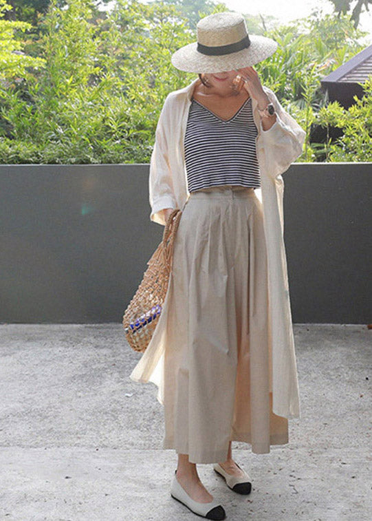 Beige Peter Pan Collar Pockets Button Lengthen Coat Long Sleeve