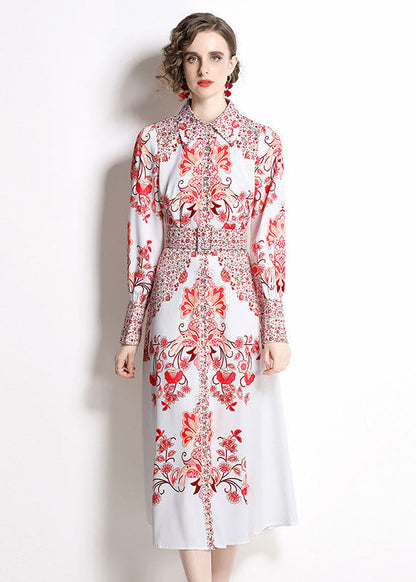 Red Print Peter Pan Collar Chiffon Cinch Dress Fall