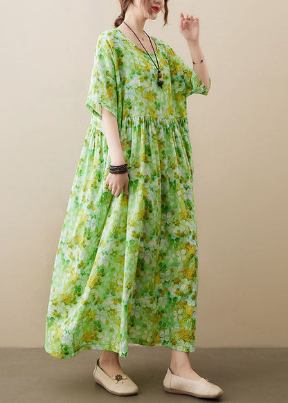 Green O-neck Wrinkled Patchwork Cotton Long Dress Short Sleeve