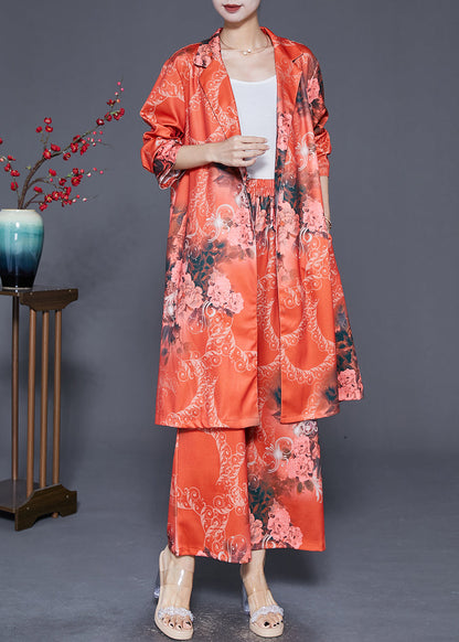 Diy Orange Lapel Print Silk Two Pieces Set Fall