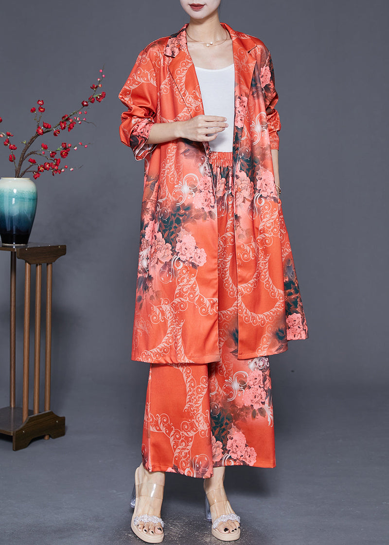 Diy Orange Lapel Print Silk Two Pieces Set Fall