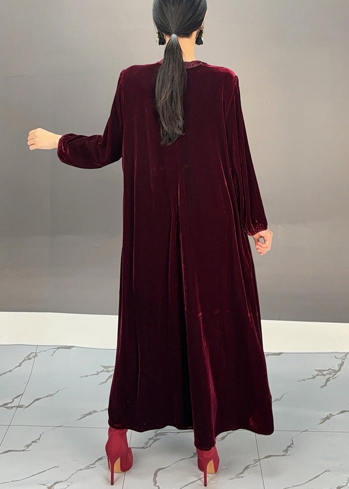 Loose Purple Red O Neck Silk Velour Maxi Dress Fall