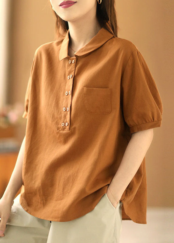 French Orange Color Turn-down Collar Double Breast Cotton Blouses Short Sleeve