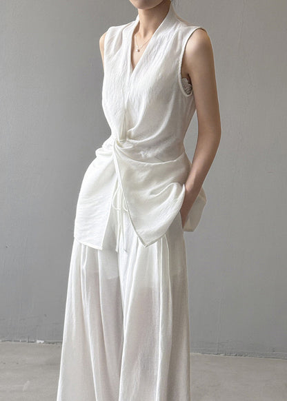 White Asymmetrical Silm Fit Linen Two Pieces Set Sleeveless