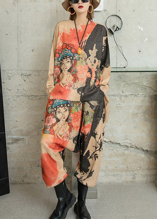 Khaki Asymmetrical Character Print Knit Two Piece Outfit Long Sleeve
