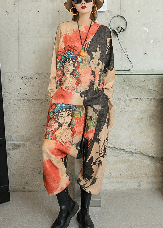 Khaki Asymmetrical Character Print Knit Two Piece Outfit Long Sleeve