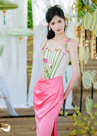 French Pink Patchwork Wrinkled Side Open Slip Dress Sleeveless