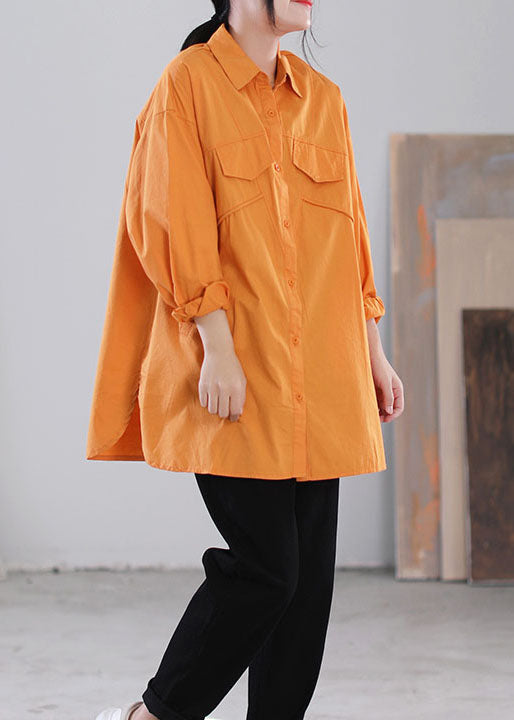 Orange Color Patchwork Cotton Shirt Tops Asymmetrical Pockets Long Sleeve
