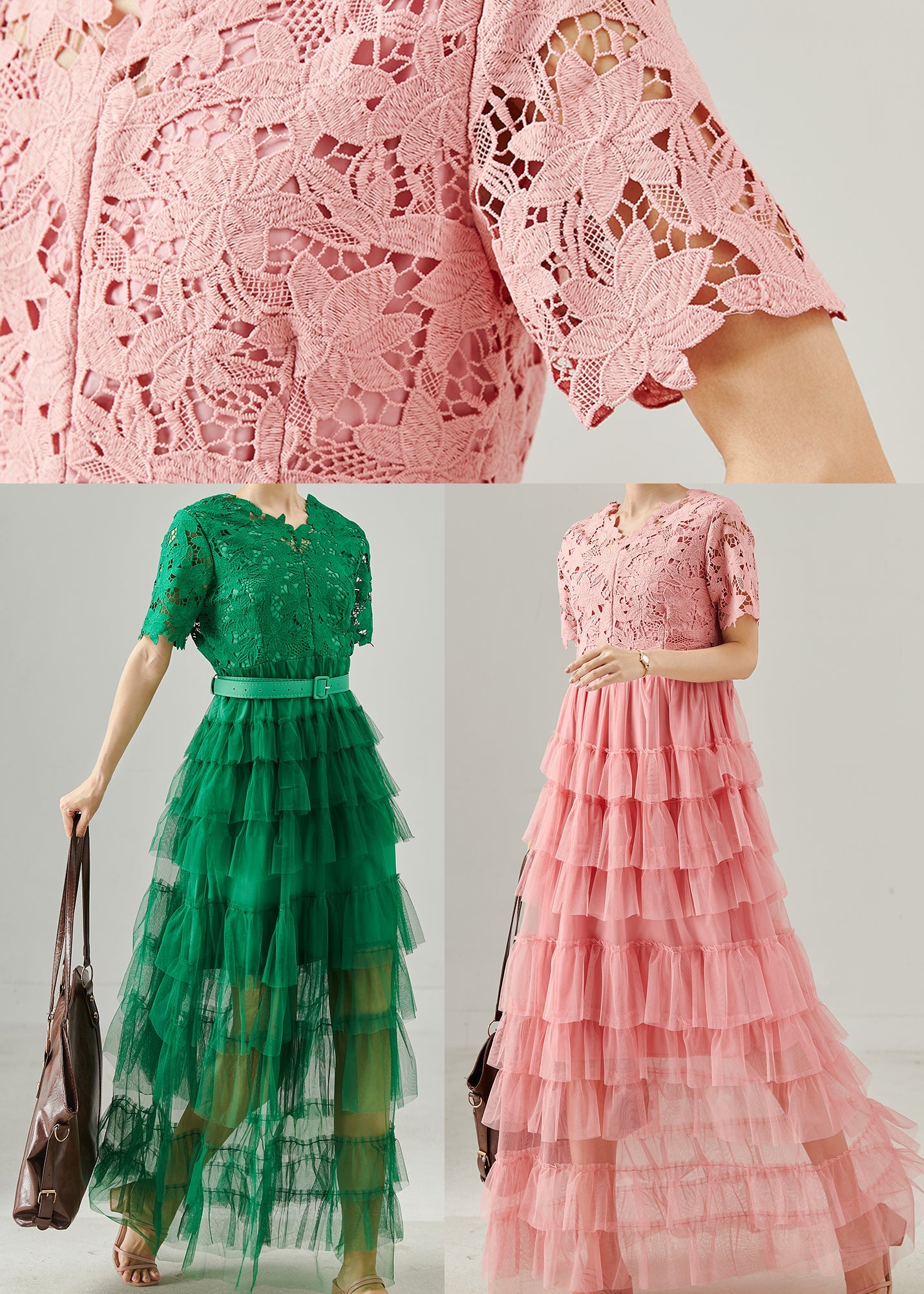 Handmade Tea Green Lace Patchwork Tulle Tunic Dress Summer