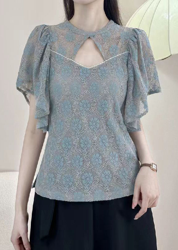 Blue Button Blouses O-neck Short Sleeve