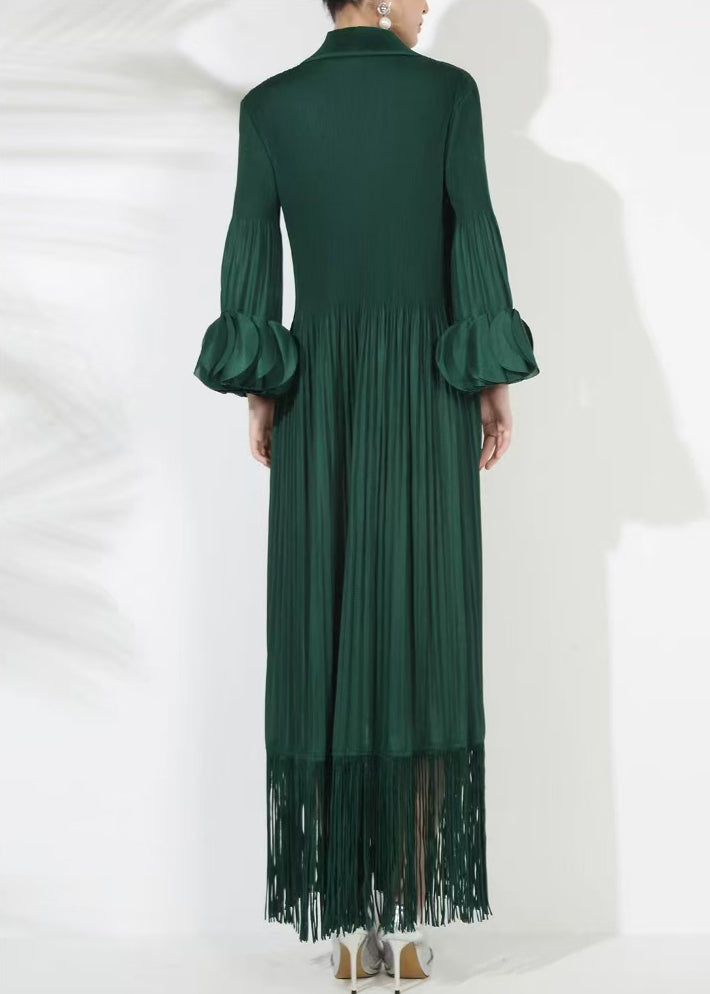 Loose Blackish Green Wrinkled Cotton Long Dress Petal Sleeve