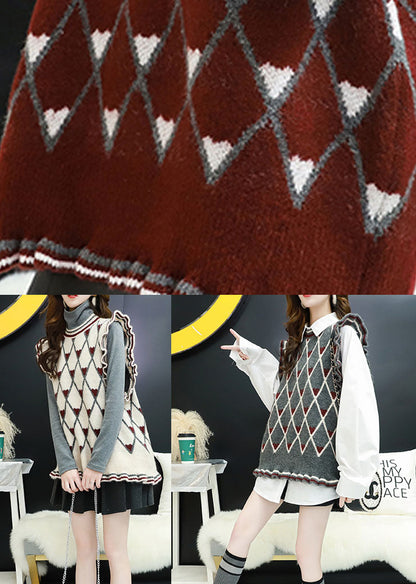 Style Beige O-neck Ruffled Plaid Fall Knit Vest