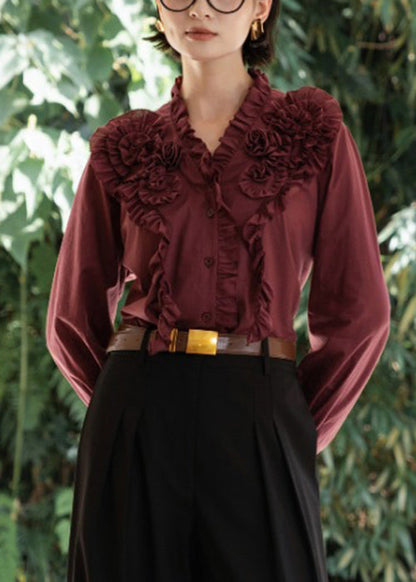 Coffee V Neck Ruffled Button Cotton Shirt Fall