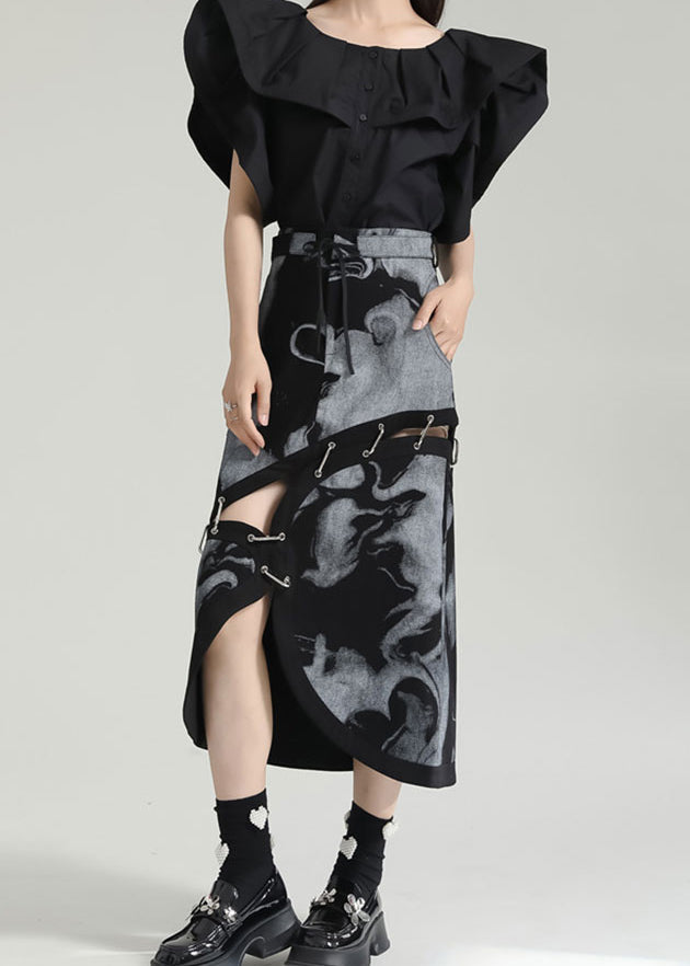 Grey Asymmetrical Print Pockets Patchwork Cotton Skirt Fall