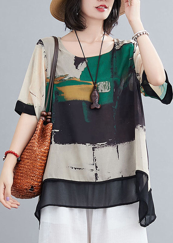 Green Asymmetrical Design Print Chiffon Tank Tops Short Sleeve