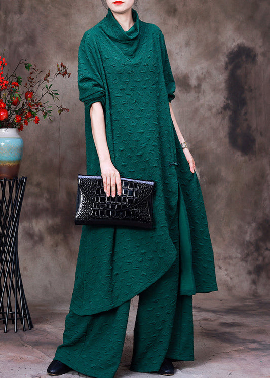 Simple Green Turtleneck Asymmetrical Silk Top and Wide Leg Pants Two Piece Set Fall